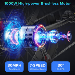 Ridstar Elektrofahrrad für Erwachsene, 1000-W-Motor, bis zu 30 Meilen pro Stunde / 50 Meilen, abnehmbarer 48-V-/20-Ah-Akku